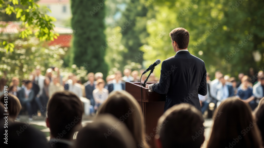 Obraz premium Man politician doing a speech outdoor in front of a crowd of members of a political party
