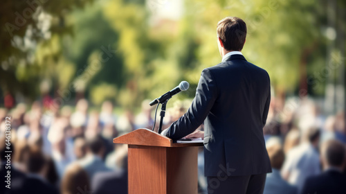Canvas Print Man politician doing a speech outdoor in front of a crowd of members of a politi