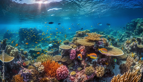 Colorful aquatic animals swim in the beautiful underwater reef landscape generated by AI