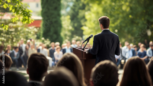 Man politician doing a speech outdoor in front of a crowd of members of a political party