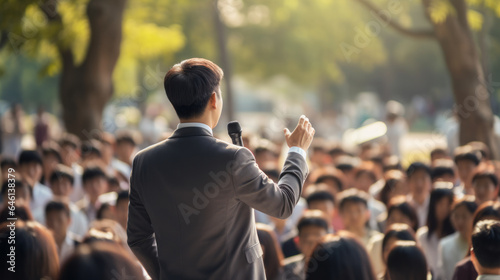 Asian man politician doing a speech outdoor in front of a crowd of members of a political party in asia