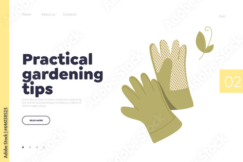 Landing page template offering practical gardening tips and advices with protective gloves design