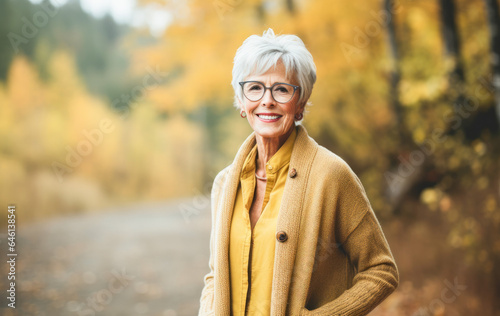 Portrait in the forest of a pleased 70 years old woman. Joyful woman in an  outdoor fall scenery having fun at the autumn season. 