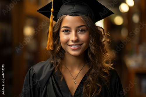 Portrait of a young adult woman achievement graduation wearing a regalia gown with toothy smile