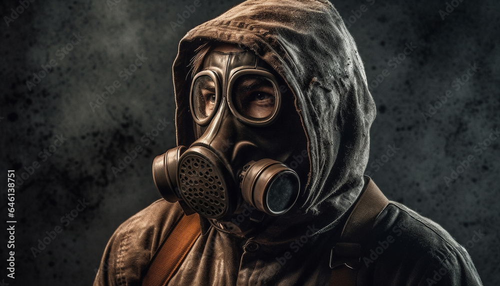 Spooky horror Protective workwear against poisonous gas in war zone generated by AI Spooky horror Protective workwear against poisonous gas in war zone generated by AI