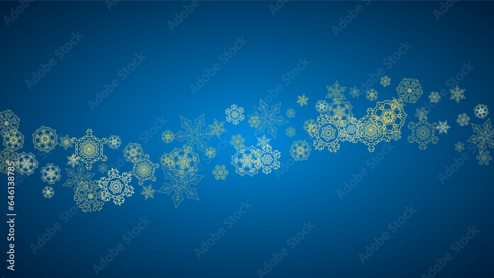 New Year snow on blue background. Gold glitter snowflakes. Christmas and New Year snow falling backdrop. For season sales, special offers, banner, cards, party invite, flyer. Horizontal frosty winter. New Year snow on blue background. Gold glitter snowflakes. Christmas and New Year snow falling backdrop. For season sales, special offers, banner, cards, party invite, flyer. Horizontal frosty winter.