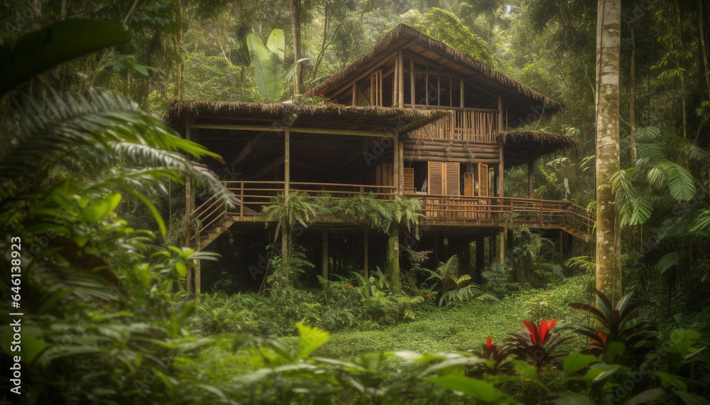 Tropical rainforest hut built with old wood and palm tree generated by AI Tropical rainforest hut built with old wood and palm tree generated by AI