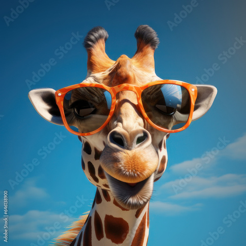 Giraffe in sunglasses against the sky. AI generative.