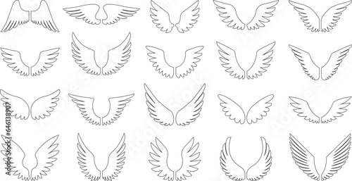 Wings with long feather icon in line set. isolated on transparent background. Angel, bird wing Heraldic vintage army insignia emblem falcon phoenix hawk. Flying winged frame. vector logotype apps web