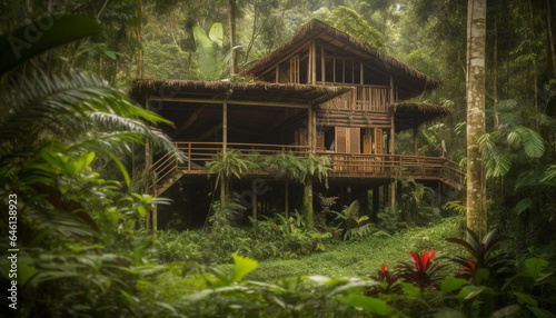 Tropical rainforest hut built with old wood and palm tree generated by AI © Stockgiu