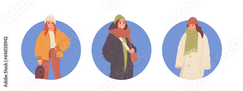 Isolated set of round composition with happy young teenager woman wearing trendy fashion outwear