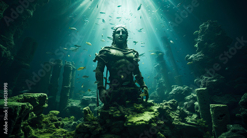 Broken statue under the sea  ruins from a lost civilization. Shallow field of view.