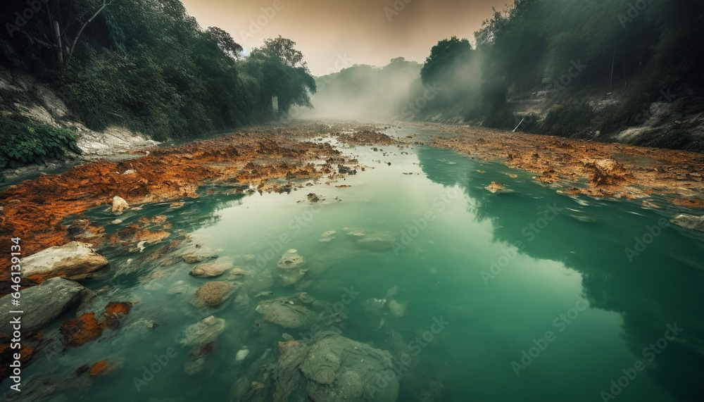 Tranquil scene of mountain range reflected in flowing water, outdoors adventure generated by AI