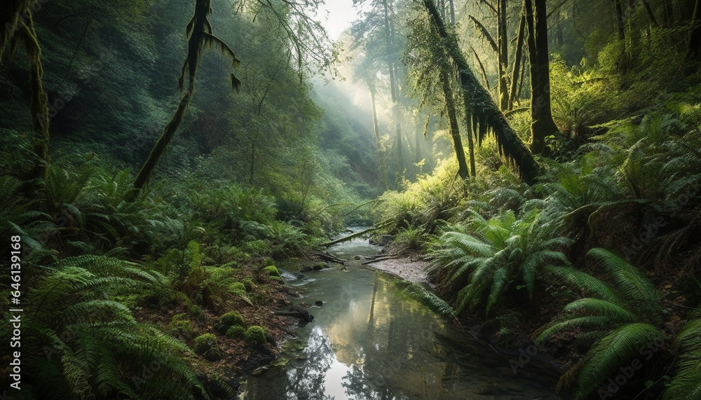 Tranquil scene of a wet, foggy forest with flowing water generated by AI