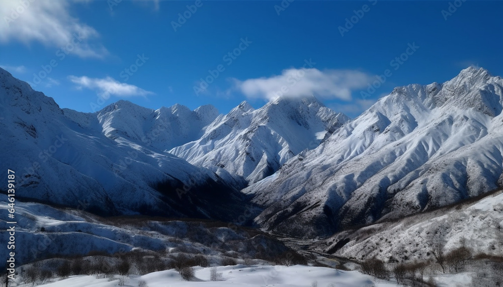 High up in the mountain range, a majestic winter landscape generated by AI