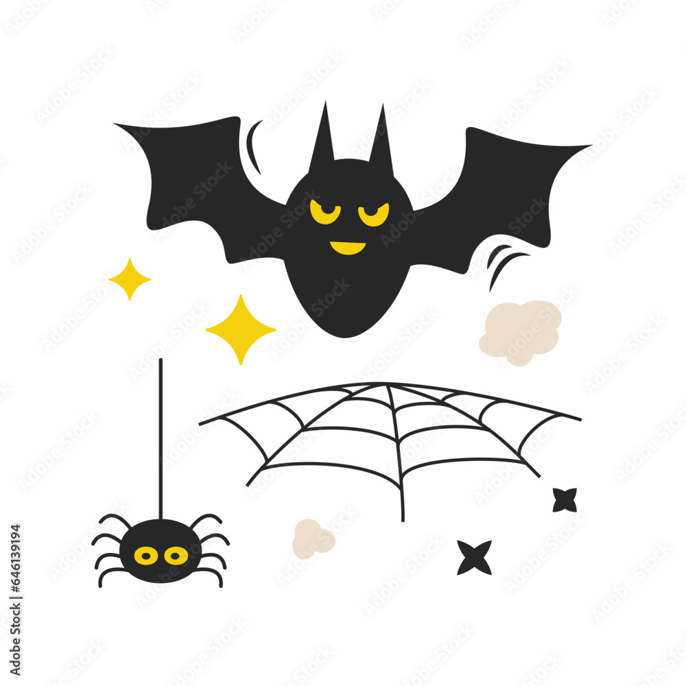 Halloween cartoon elements. Bat and spider.