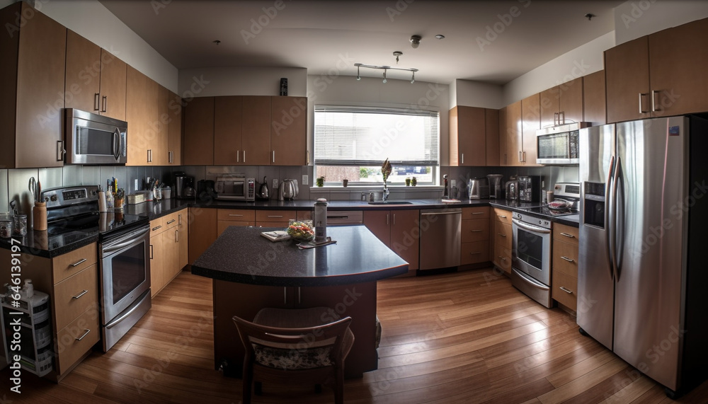 Modern domestic kitchen design with elegant hardwood flooring and marble countertops generated by AI