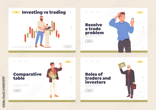 Isolated set of landing page offering education and information in finance, trading and investment