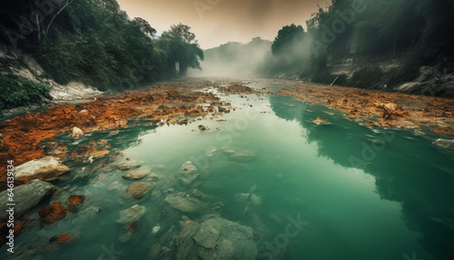 Tranquil scene of mountain range reflected in flowing water, outdoors adventure generated by AI