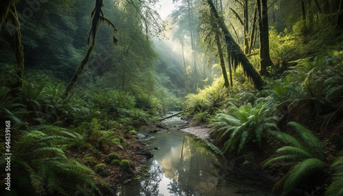 Tranquil scene of a wet  foggy forest with flowing water generated by AI