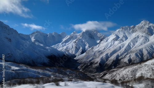 High up in the mountain range, a majestic winter landscape generated by AI