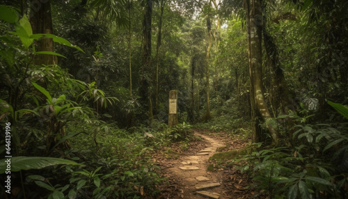 Tranquil tropical rainforest landscape, hiking adventure on footpath generated by AI © Stockgiu