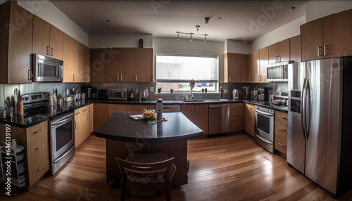 Modern domestic kitchen design with elegant hardwood flooring and marble countertops generated by AI © Stockgiu