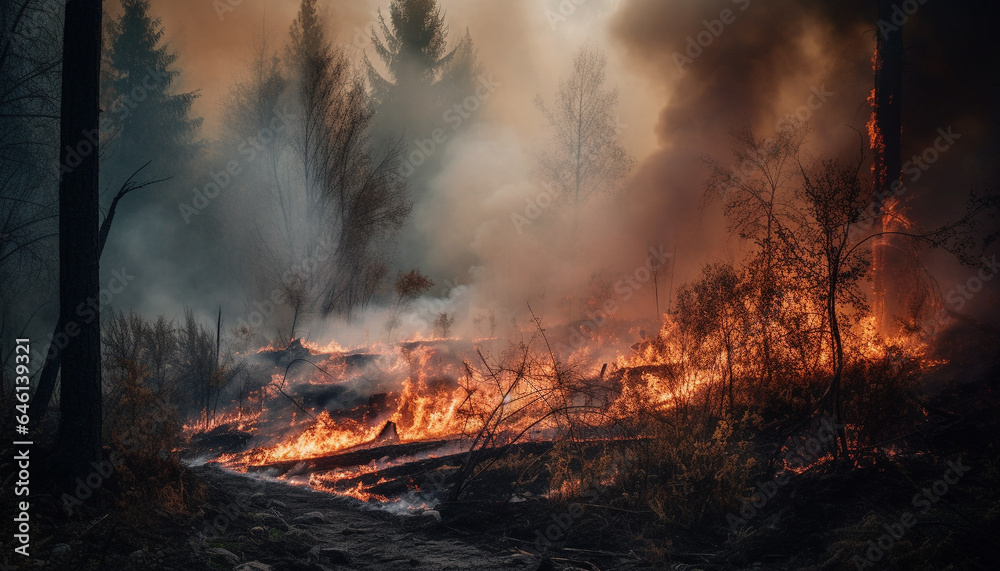 Forest inferno burning trees, smoke, heat, destruction, environmental damage generated by AI