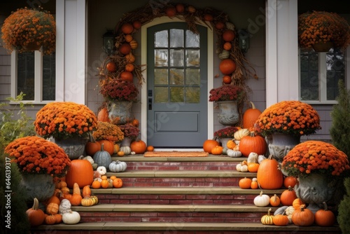 Orange pumpkin and flowers - autumn decor in front of doorstep