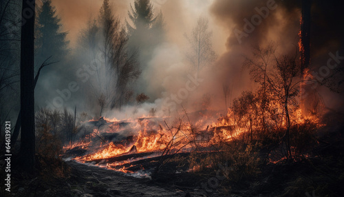 Forest inferno burning trees, smoke, heat, destruction, environmental damage generated by AI © Stockgiu