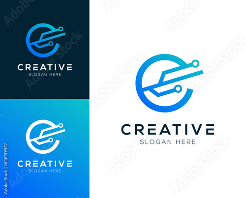 Abstract Initial letter E and Technology logo design vector illustration