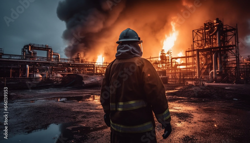 Men working in steel mill, flames burning, smoke rising Protective workwear generated by AI