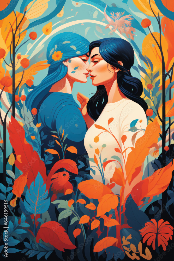 color block illustration of two young women/models embracing wlw sapphic lgbtq couple with floral/botanical details in hand drawn digital pencil art style texture
