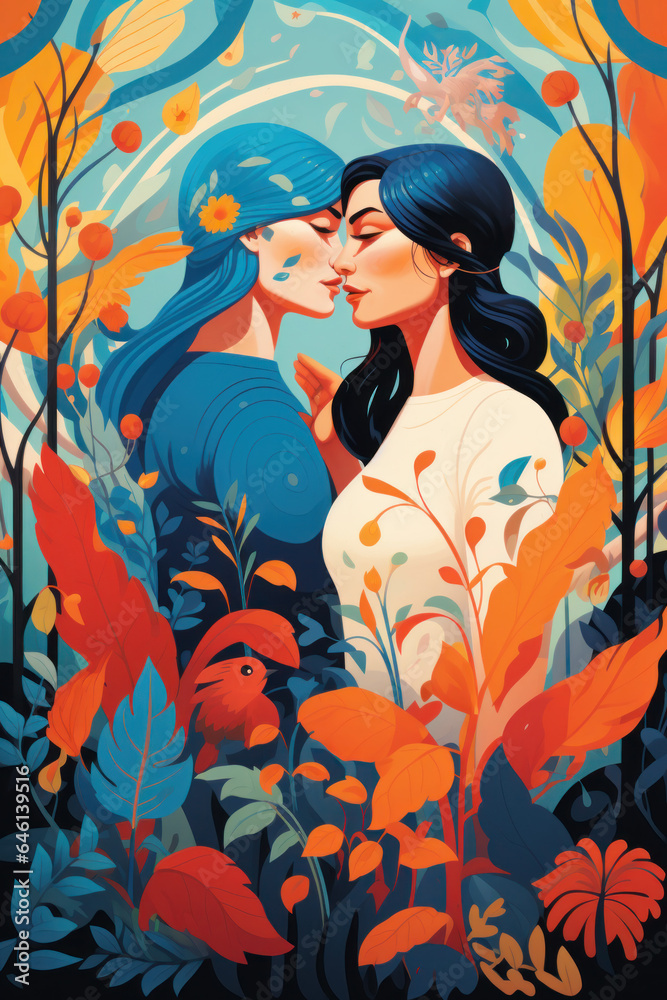 Fototapeta premium color block illustration of two young women/models embracing wlw sapphic lgbtq couple with floral/botanical details in hand drawn digital pencil art style texture