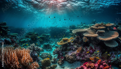 Colorful sea life thrives in the tropical underwater reef landscape generated by AI