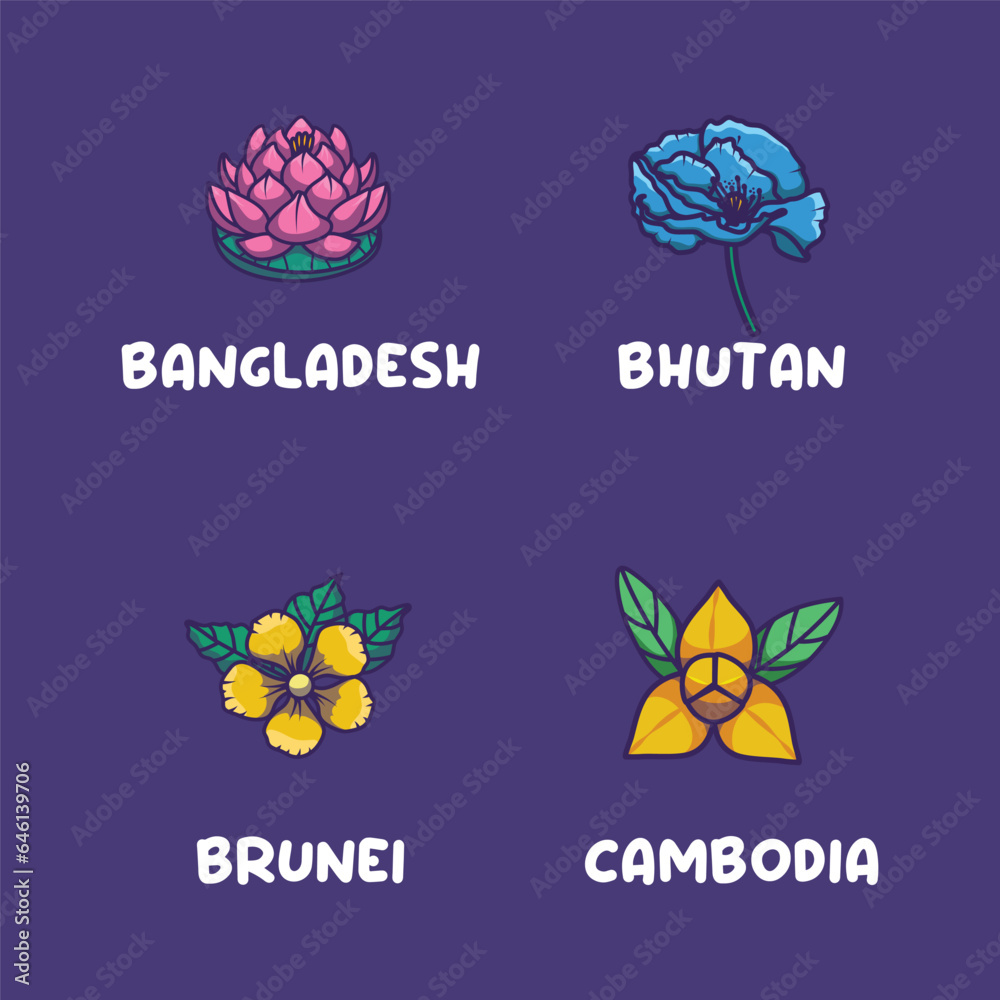 Naklejka premium Asian national flowers for Bangladesh, Bhutan, Brunei, Cambodia