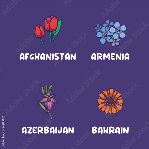 Fototapeta Naklejka Na Ścianę i Meble -  Asian national flowers for Afghanistan, Armenia, Azerbaijan, Bahrain