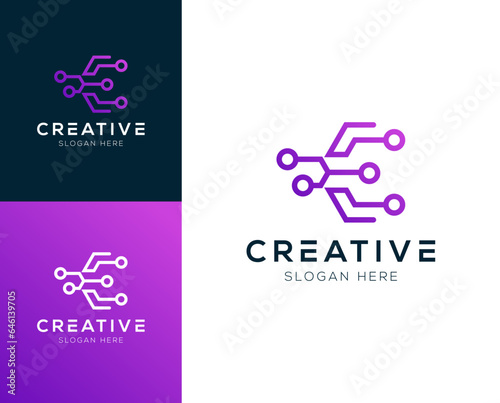 Abstract Initial letter E and Technology logo design vector illustration