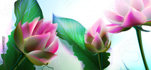 Beautiful pink lotus flowers with green leaves close up realistic vector illustration. Water lily or aquatic plant on green stem. Blossom flower and opening bud of waterlily.