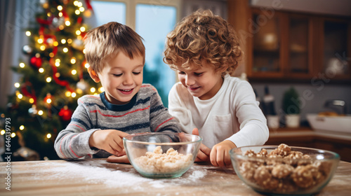 Two little boys having fun in the kitchen while preparing cookies for Christmas