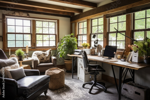 Rustic Elegance: A Cozy Office Interior Embracing Farmhouse Style with Vintage Furniture and Natural Elements