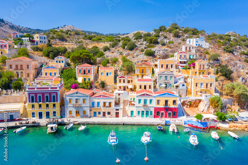 Colorful houses village in Symi island, Dodecanese islands, Greece.