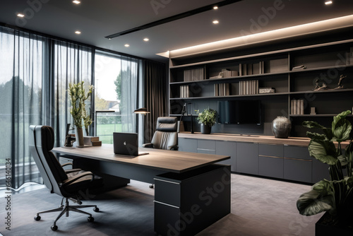 Elegance and Serenity: A Captivating Office Interior Immersed in Shades of Gray © aicandy