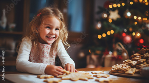 Cute little girl making gingerbread cookies at home in front of Christmas tree