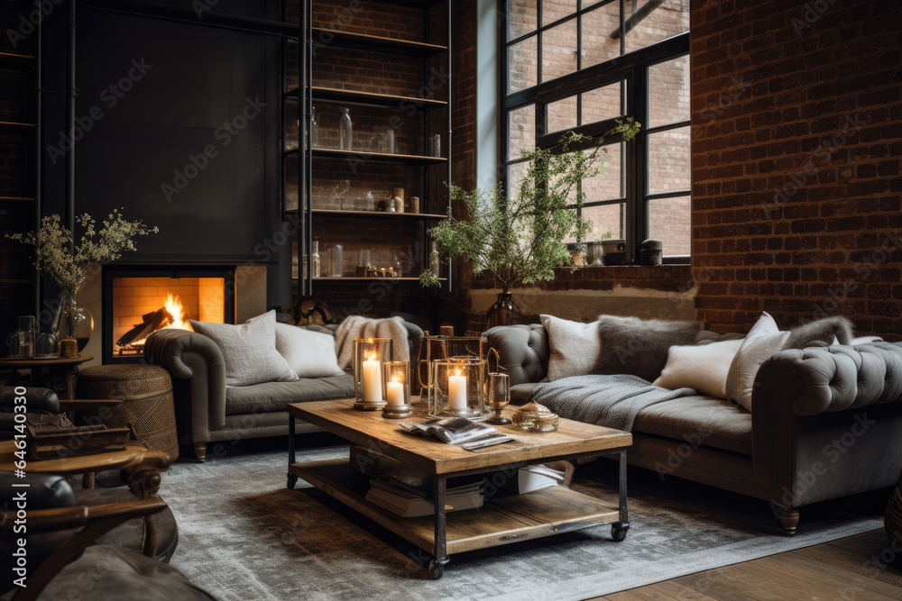 A Cozy Haven of Rustic Elegance: A Living Room Interior in Industrial Chic Style