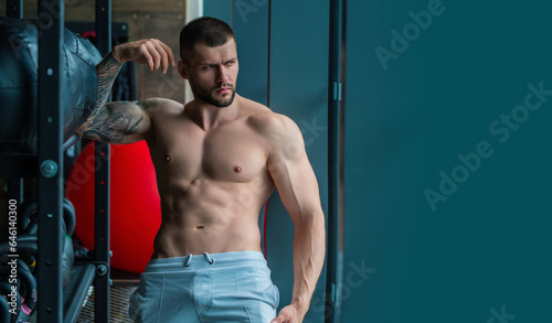 Sexy muscular man pumps his muscles and lifts dumbbells in gym. Strong fit man exercising with dumbbells. Muscular young handsome man lifting weights. Weightlifting and training with dumbbells.