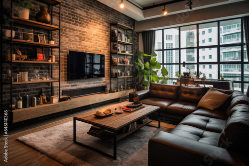 A Cozy Urban Oasis: Step into the Chic and Industrial Living Room Interior, Where Modernity Meets Rustic Charm © aicandy