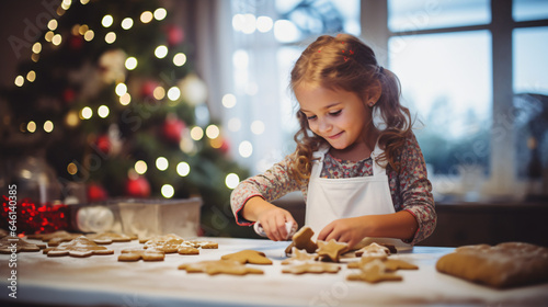 Cute little girl baking gingerbread cookies at home on Christmas eve