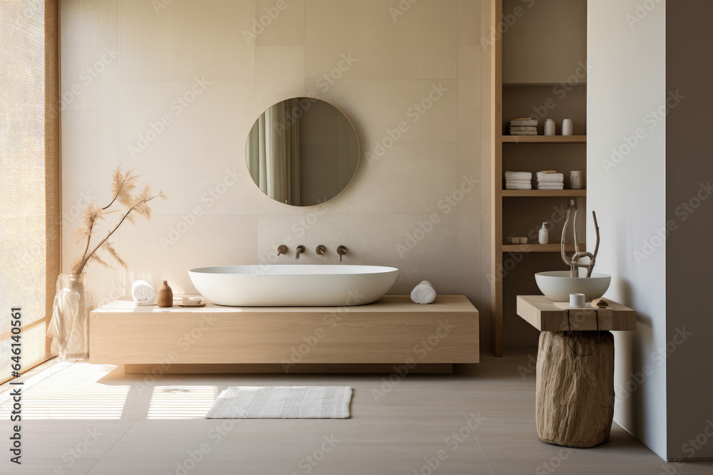 Fototapeta premium Serenity in Simplicity: A Tranquil Escape in a Minimalist Spa-Inspired Bathroom