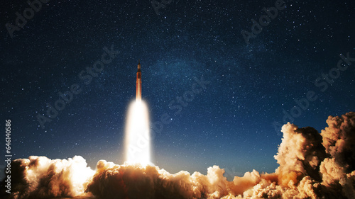 Rocket with clouds of smoke and blast successfully takes off into the starry sky. Spaceship launching to a new space mission. Technology, science and transport, concept
